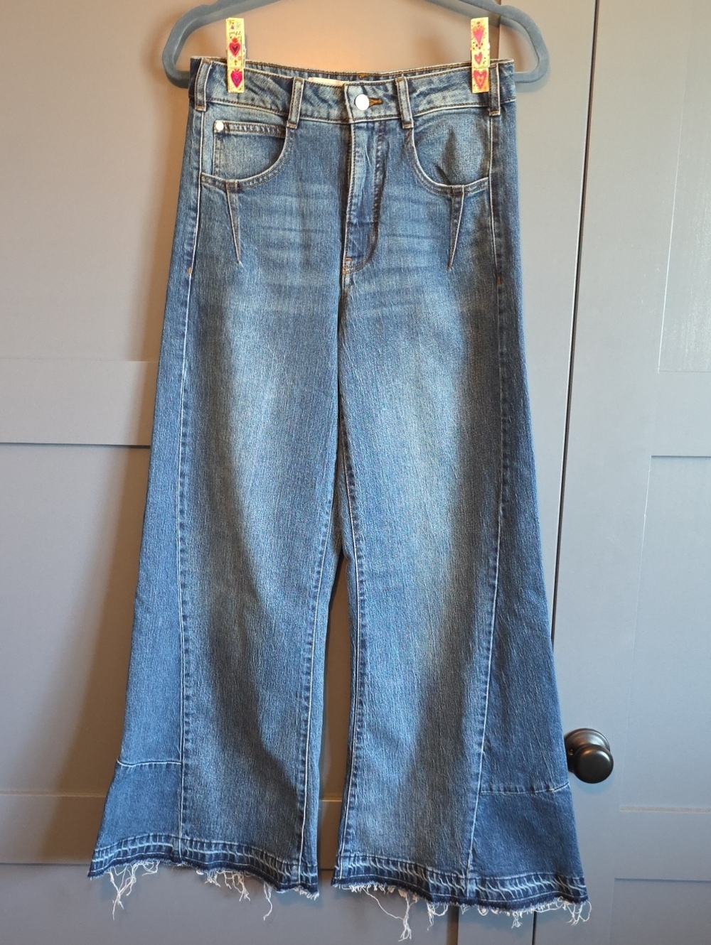 Pilcro Wide Leg Flare Jeans in Medium Wash Blue
